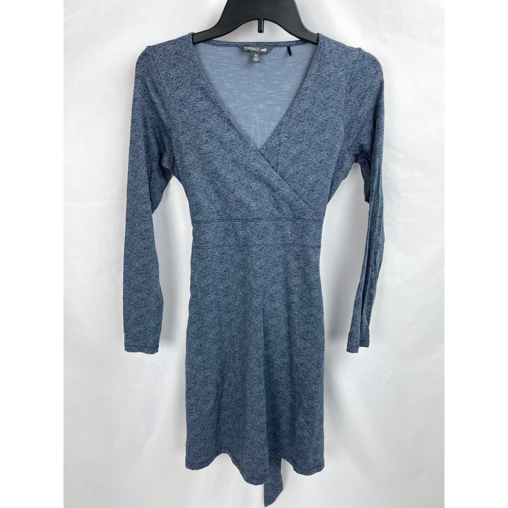 Toad & Co. Cue Wrap Dress XS Blue Long Sleeves True Navy Herringbone Print